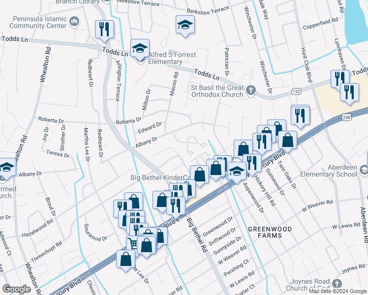 map of restaurants, bars, coffee shops, grocery stores, and more near 6 Lyford Key in Hampton
