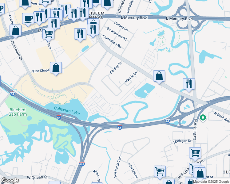 map of restaurants, bars, coffee shops, grocery stores, and more near 139 Findley Square in Hampton
