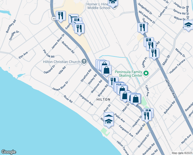 map of restaurants, bars, coffee shops, grocery stores, and more near 47 Westover Road in Newport News