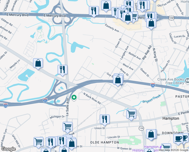 map of restaurants, bars, coffee shops, grocery stores, and more near 1209 Thomas Street in Hampton