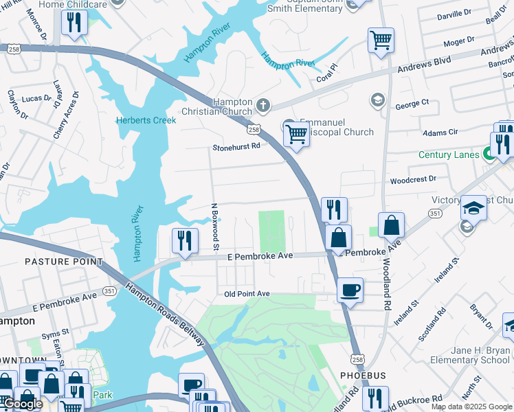 map of restaurants, bars, coffee shops, grocery stores, and more near 128 Chichester Avenue in Hampton