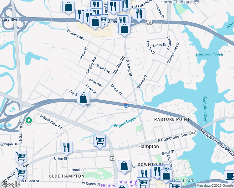map of restaurants, bars, coffee shops, grocery stores, and more near 929 Quash Street in Hampton