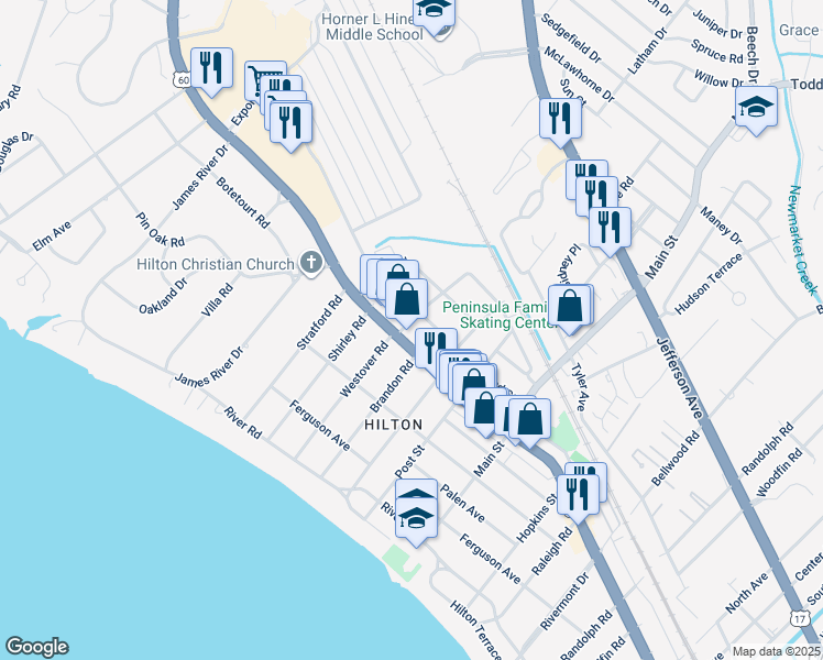 map of restaurants, bars, coffee shops, grocery stores, and more near 100 Westover Road in Newport News