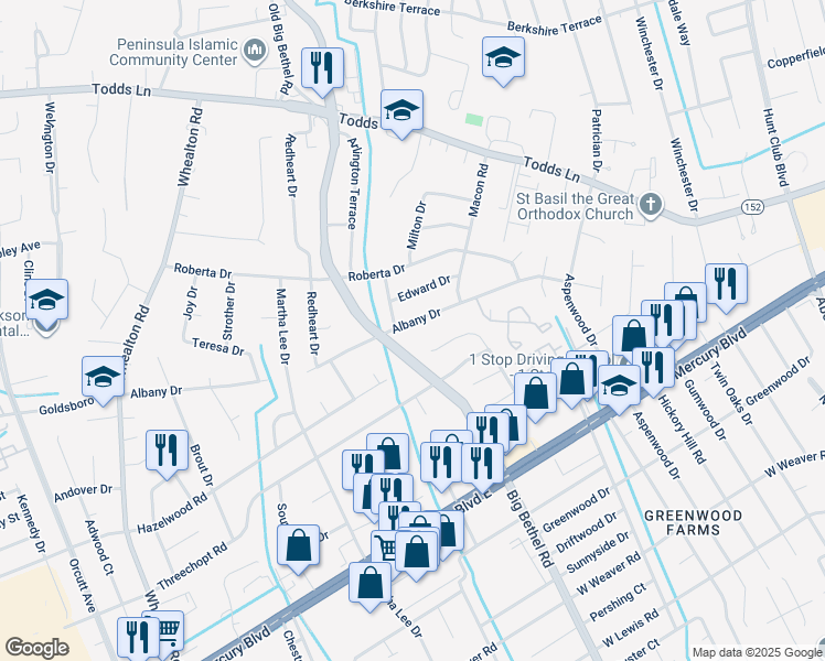 map of restaurants, bars, coffee shops, grocery stores, and more near 206 Albany Drive in Hampton