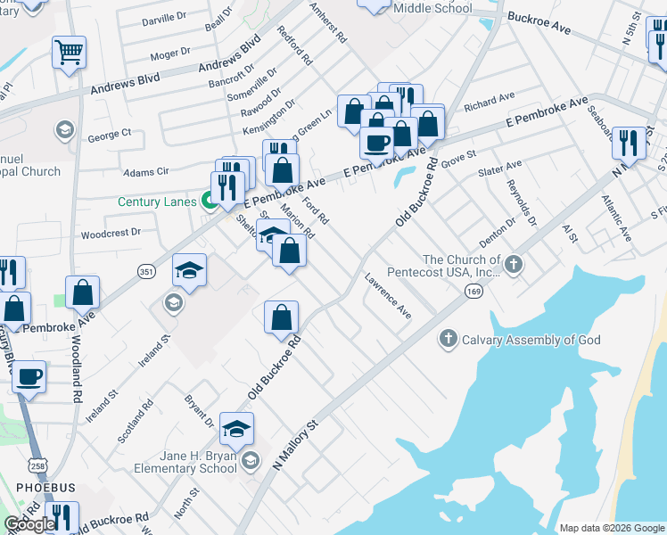 map of restaurants, bars, coffee shops, grocery stores, and more near 410 Smiley Road in Hampton