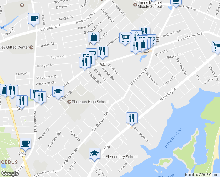 map of restaurants, bars, coffee shops, grocery stores, and more near 431 Smiley Road in Hampton