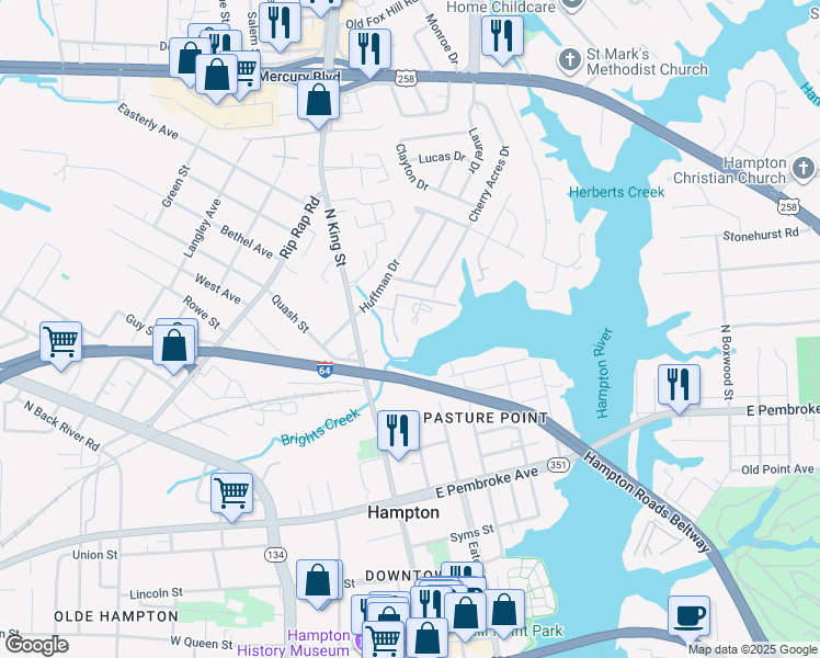 map of restaurants, bars, coffee shops, grocery stores, and more near 100 Spanish Trail in Hampton
