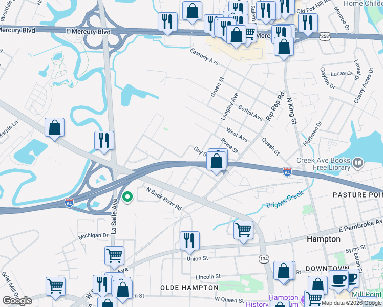 map of restaurants, bars, coffee shops, grocery stores, and more near 810 Langley Avenue in Hampton