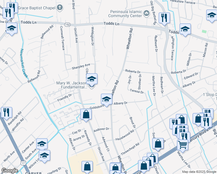 map of restaurants, bars, coffee shops, grocery stores, and more near 5 Baines Road in Hampton