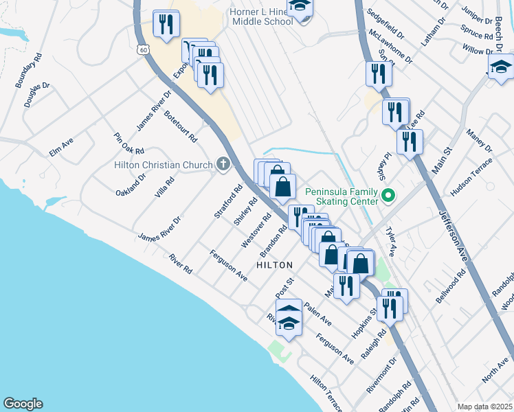 map of restaurants, bars, coffee shops, grocery stores, and more near 47 Westover Road in Newport News