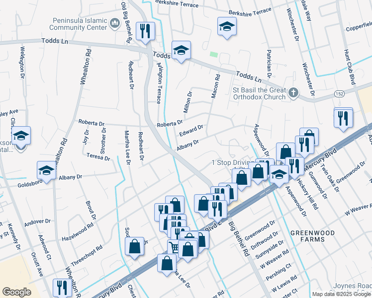 map of restaurants, bars, coffee shops, grocery stores, and more near 206 Albany Drive in Hampton