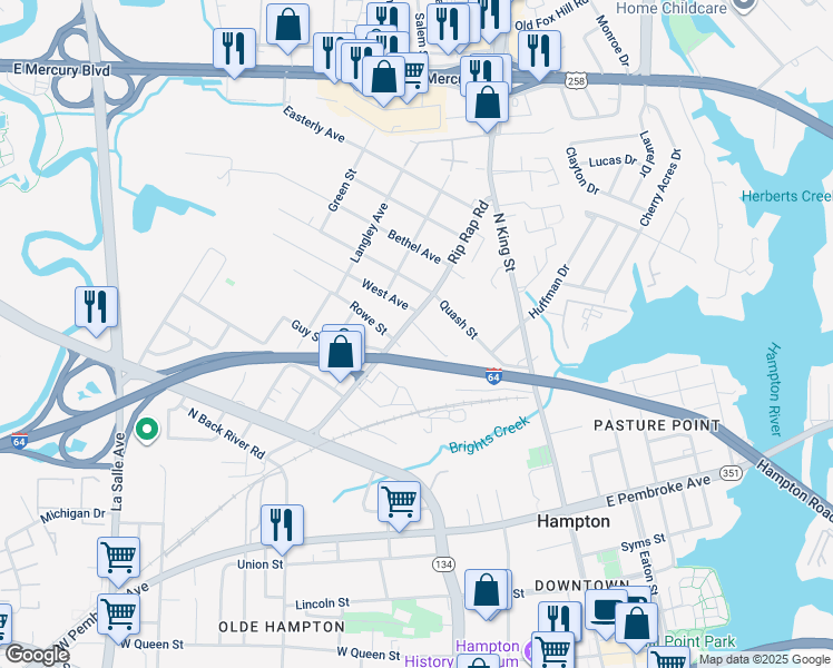 map of restaurants, bars, coffee shops, grocery stores, and more near 941 Mason Street in Hampton