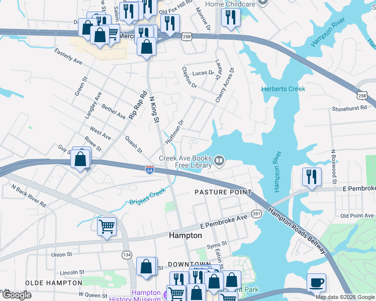 map of restaurants, bars, coffee shops, grocery stores, and more near 100 Spanish Trail in Hampton