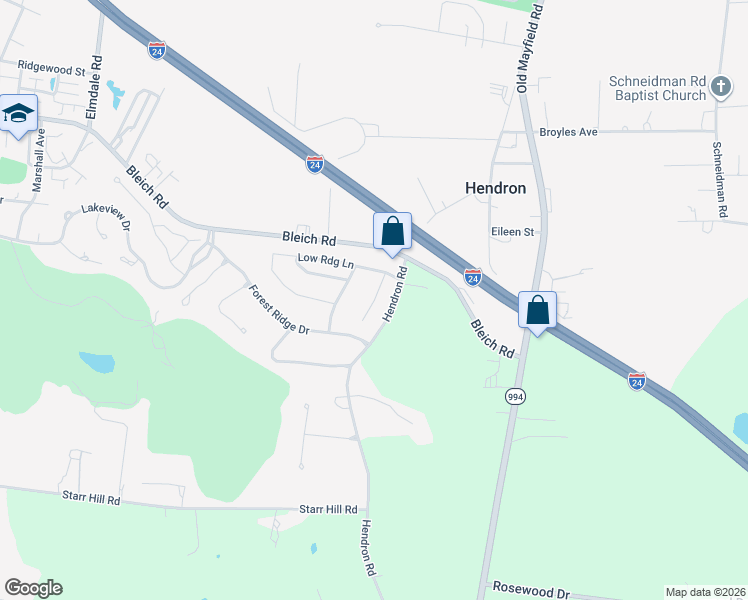 map of restaurants, bars, coffee shops, grocery stores, and more near Forest Ridge Drive in Paducah