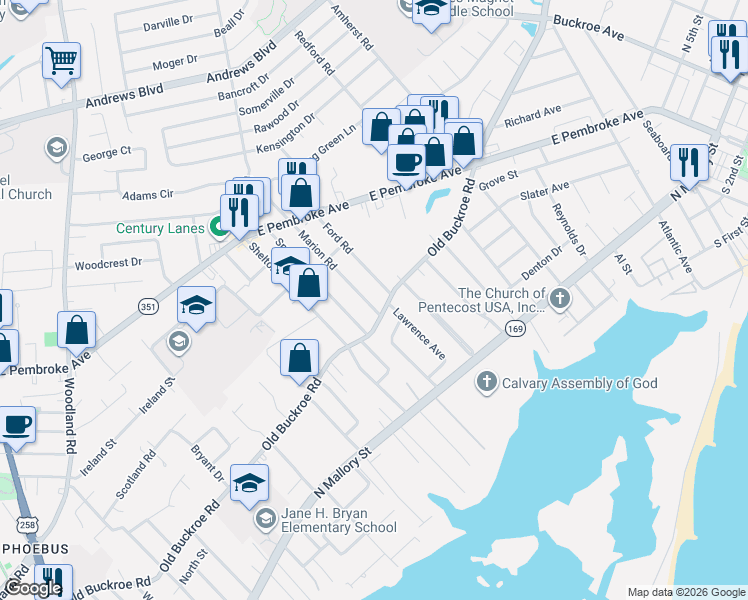 map of restaurants, bars, coffee shops, grocery stores, and more near 408 Marion Road in Hampton