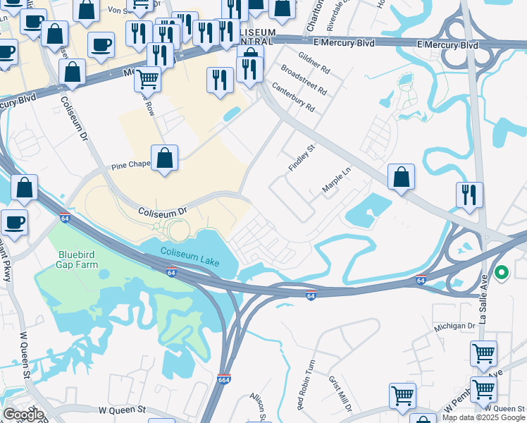 map of restaurants, bars, coffee shops, grocery stores, and more near 117 Freeman Drive in Hampton