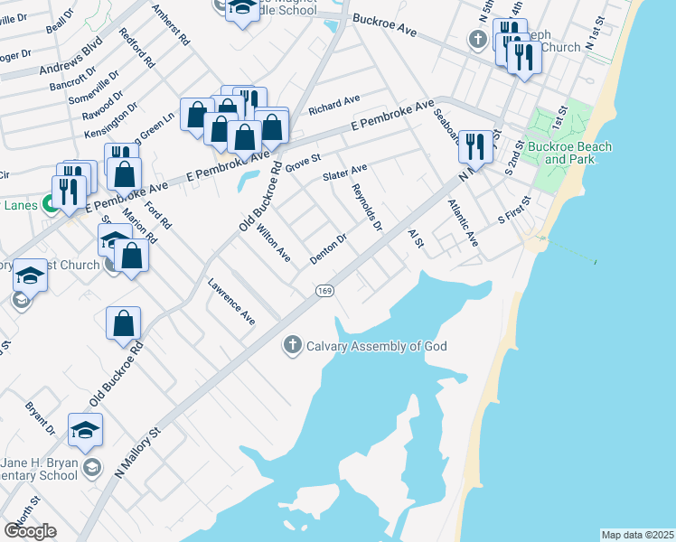 map of restaurants, bars, coffee shops, grocery stores, and more near 1517 North Mallory Street in Hampton