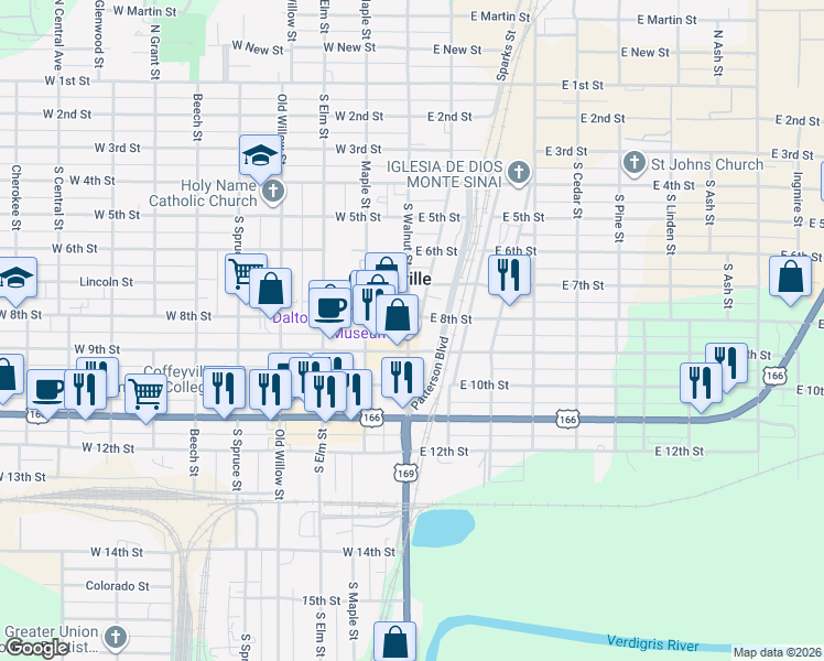 map of restaurants, bars, coffee shops, grocery stores, and more near 811 South Walnut Street in Coffeyville