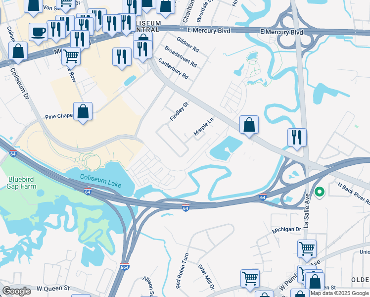 map of restaurants, bars, coffee shops, grocery stores, and more near 157 Findley Square in Hampton