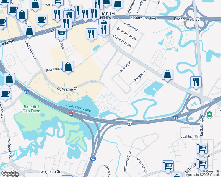 map of restaurants, bars, coffee shops, grocery stores, and more near 600 Freeman Drive in Hampton