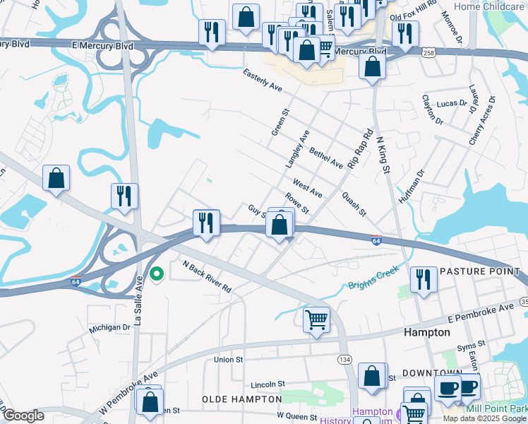 map of restaurants, bars, coffee shops, grocery stores, and more near 300 Heffelfinger Street in Hampton