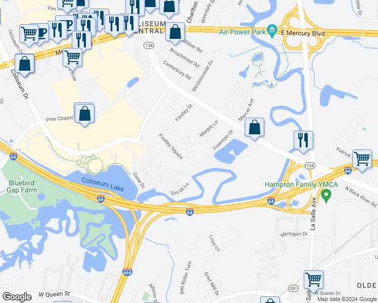 map of restaurants, bars, coffee shops, grocery stores, and more near 157 Findley Square in Hampton