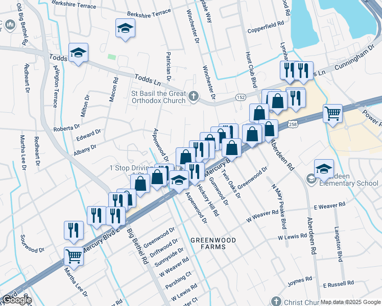 map of restaurants, bars, coffee shops, grocery stores, and more near 2902 Butternut Drive in Hampton