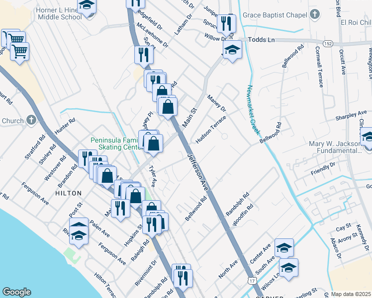 map of restaurants, bars, coffee shops, grocery stores, and more near 578 Aberthaw Avenue in Newport News