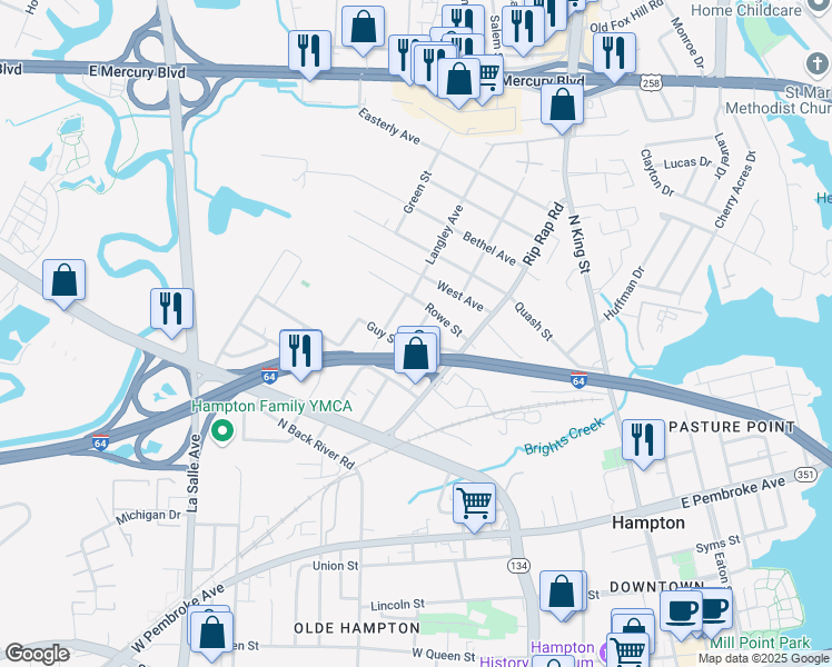 map of restaurants, bars, coffee shops, grocery stores, and more near 220 Albert E. Simpson St in Hampton