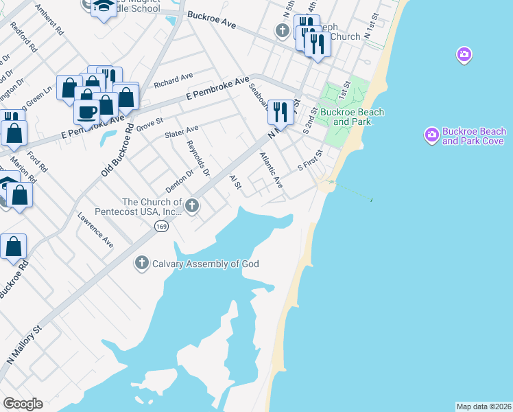 map of restaurants, bars, coffee shops, grocery stores, and more near 11 Seaview Drive in Hampton