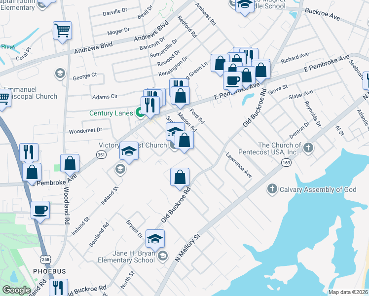 map of restaurants, bars, coffee shops, grocery stores, and more near 424 Shelton Road in Hampton