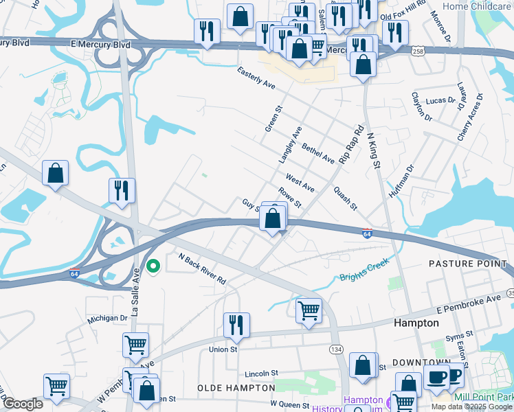 map of restaurants, bars, coffee shops, grocery stores, and more near 300 Heffelfinger Street in Hampton