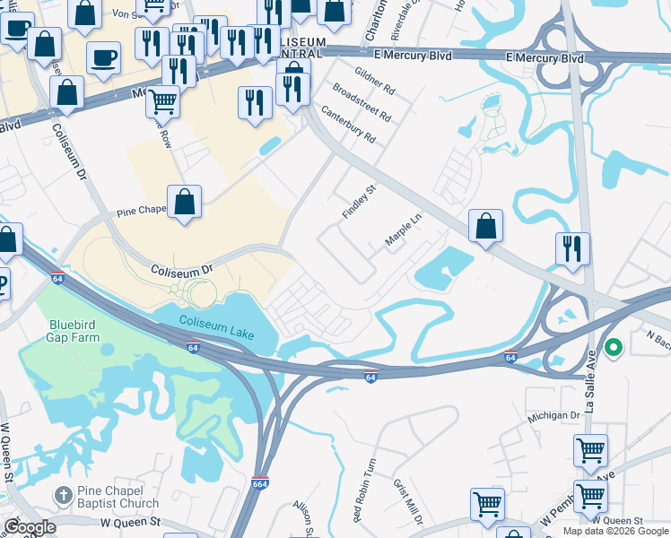 map of restaurants, bars, coffee shops, grocery stores, and more near 117 Freeman Drive in Hampton