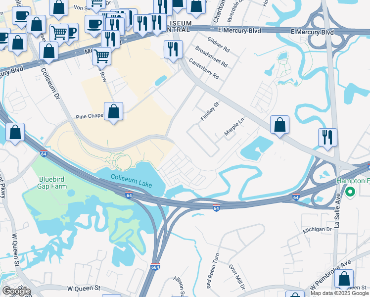map of restaurants, bars, coffee shops, grocery stores, and more near 117 Freeman Drive in Hampton