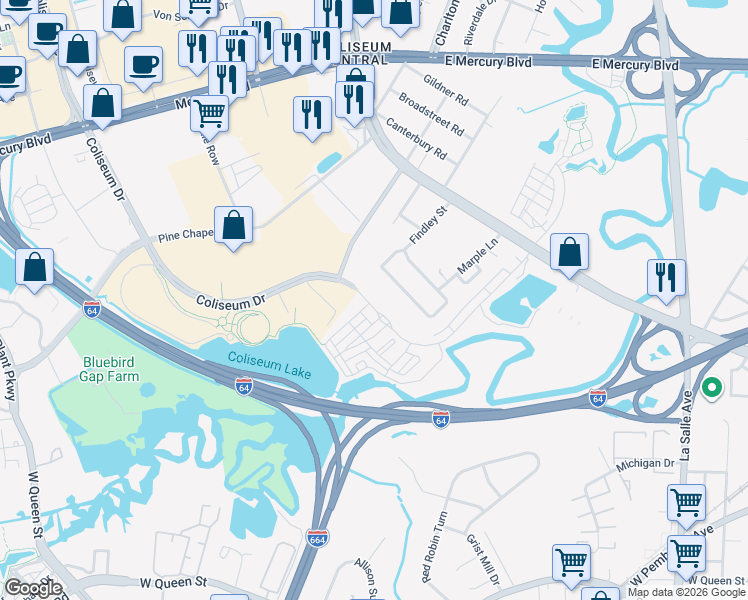 map of restaurants, bars, coffee shops, grocery stores, and more near 117 Freeman Drive in Hampton