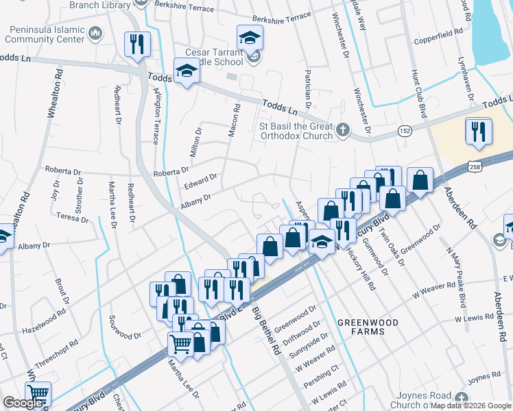 map of restaurants, bars, coffee shops, grocery stores, and more near 42 Lyford Key in Hampton
