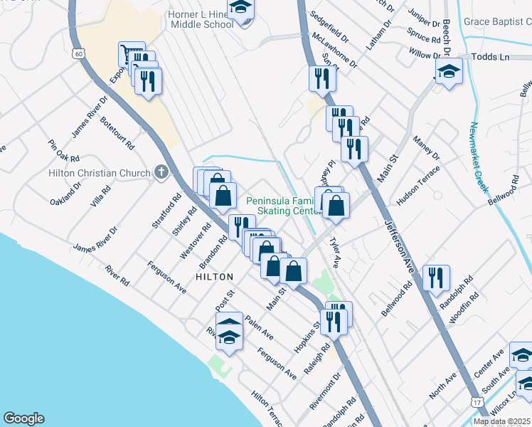 map of restaurants, bars, coffee shops, grocery stores, and more near 509 Hamlin Street in Newport News