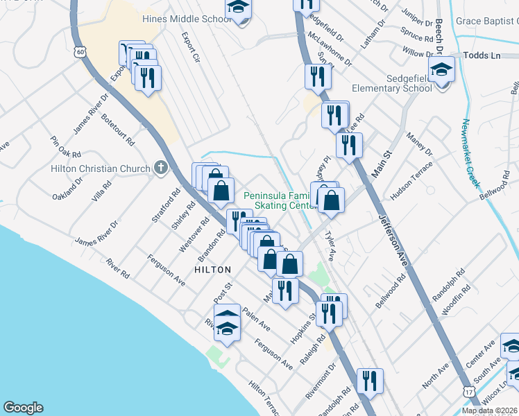 map of restaurants, bars, coffee shops, grocery stores, and more near 500 Harrison Road in Newport News