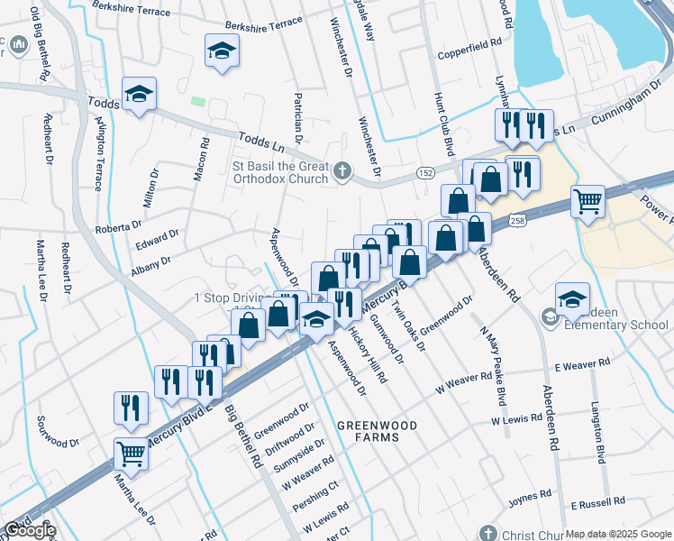 map of restaurants, bars, coffee shops, grocery stores, and more near 2902 Butternut Drive in Hampton