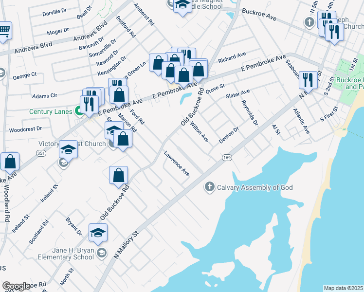 map of restaurants, bars, coffee shops, grocery stores, and more near 32 Ambrose Lane in Hampton