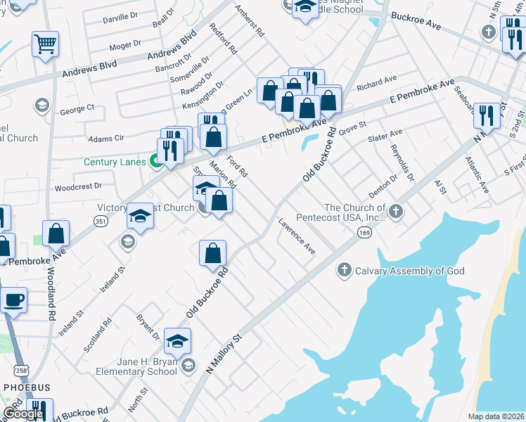 map of restaurants, bars, coffee shops, grocery stores, and more near 410 Marion Road in Hampton