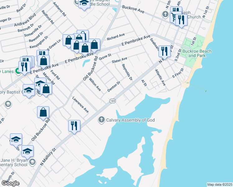 map of restaurants, bars, coffee shops, grocery stores, and more near 1517 North Mallory Street in Hampton