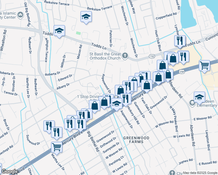 map of restaurants, bars, coffee shops, grocery stores, and more near 1702 Aspenwood Drive in Hampton