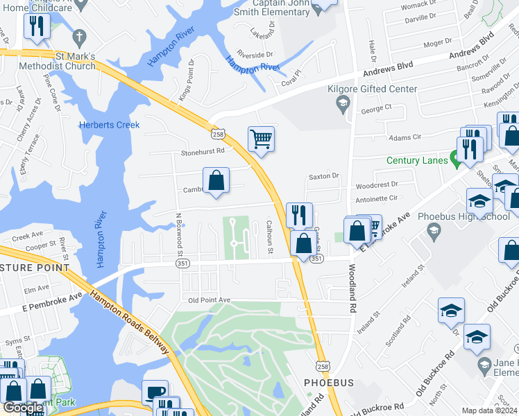 map of restaurants, bars, coffee shops, grocery stores, and more near 156 Chichester Avenue in Hampton