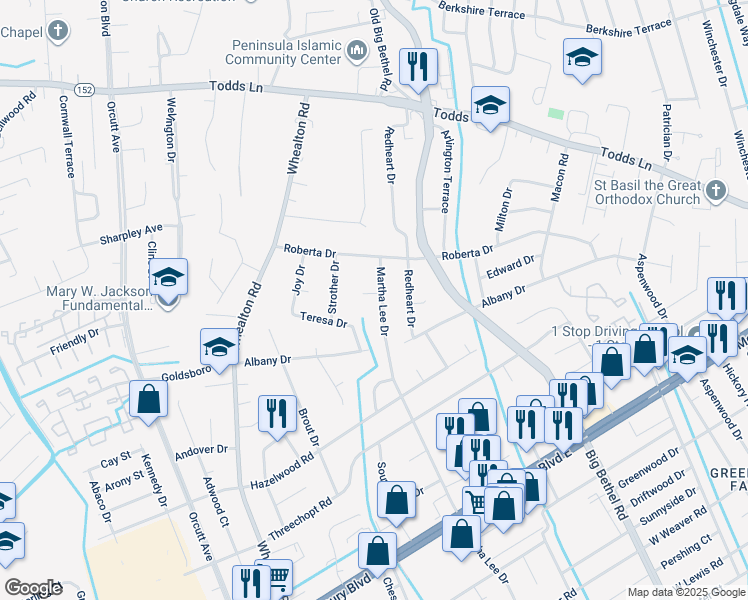 map of restaurants, bars, coffee shops, grocery stores, and more near 457 Martha Lee Drive in Hampton
