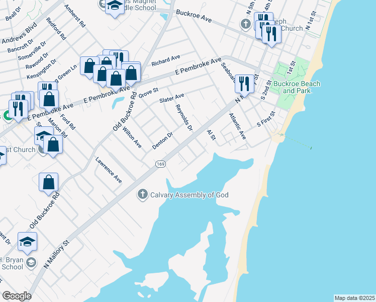 map of restaurants, bars, coffee shops, grocery stores, and more near 4 Rust Street in Hampton