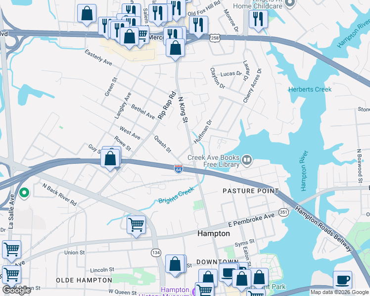 map of restaurants, bars, coffee shops, grocery stores, and more near 844 North King Street in Hampton