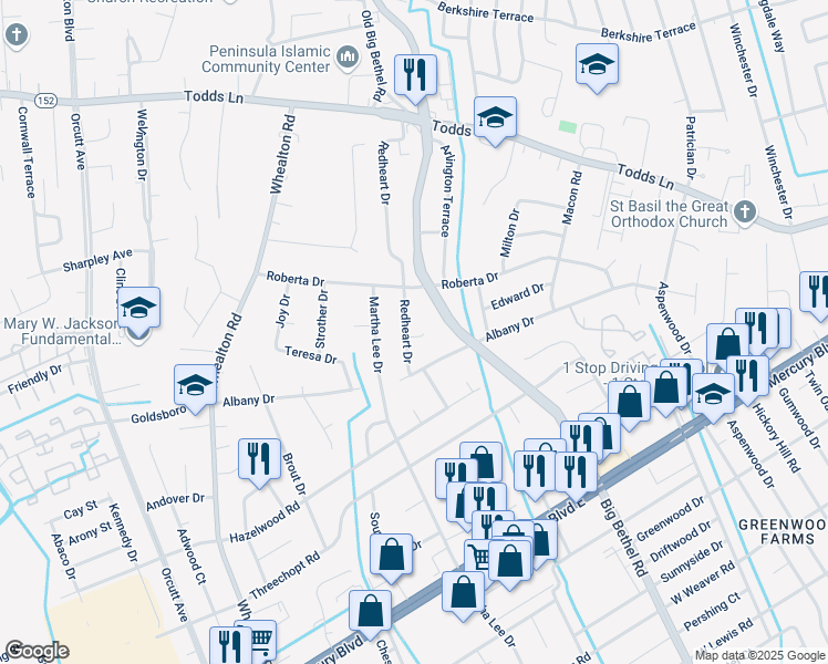 map of restaurants, bars, coffee shops, grocery stores, and more near 616 Redheart Dr in Hampton