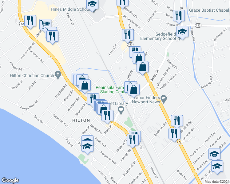 map of restaurants, bars, coffee shops, grocery stores, and more near 320 Hosier Street in Newport News