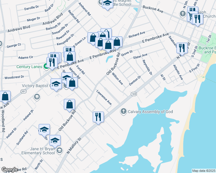 map of restaurants, bars, coffee shops, grocery stores, and more near 32 Ambrose Lane in Hampton